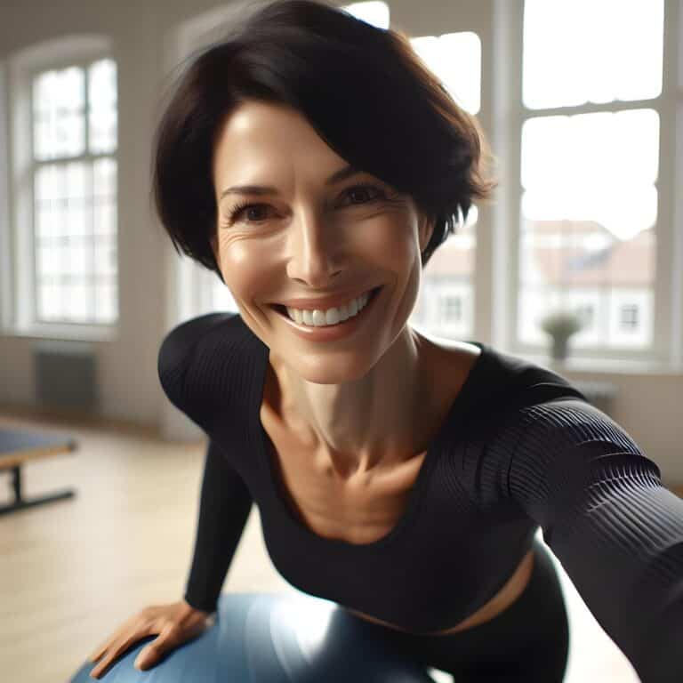 Lächelnde Frau in Sportkleidung beim Yoga drinnen
