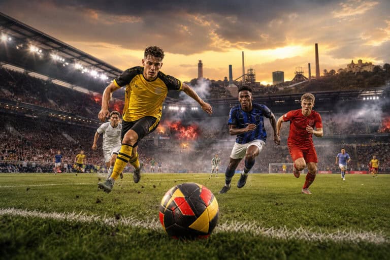 fußballspieler in gelben, blauen und roten trikots rennen in einem stadion auf