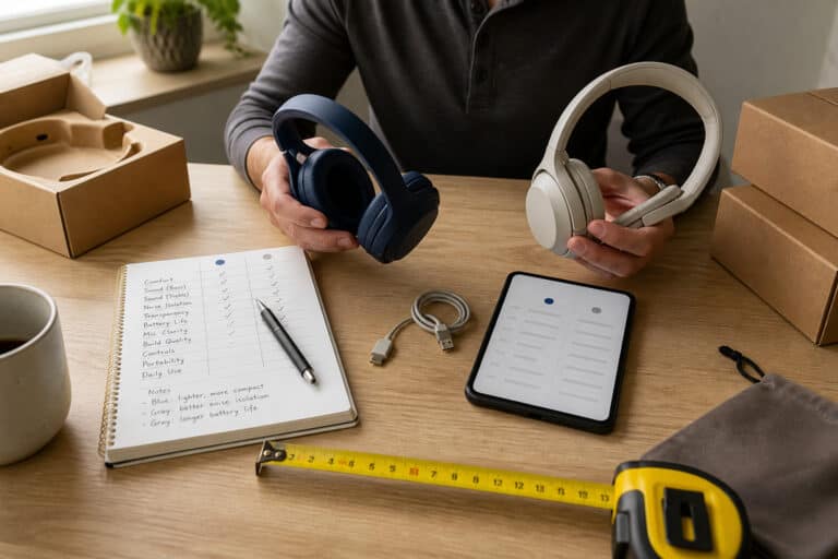 person vergleicht zwei kopfhörer anhand einer handschriftlichen checkliste auf