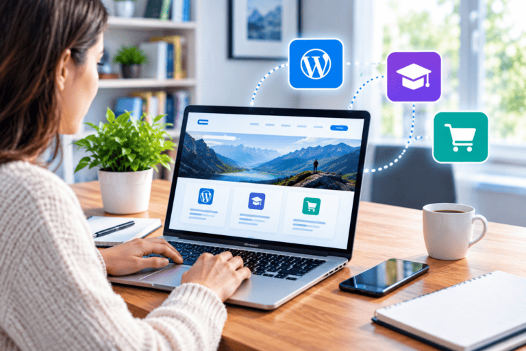 modern digital workspace with floating tech icons
